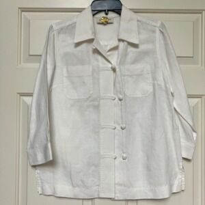 Jones New York Sport Linen Button Front Shirt Jacket Small‎ White 3/4 Sleeve